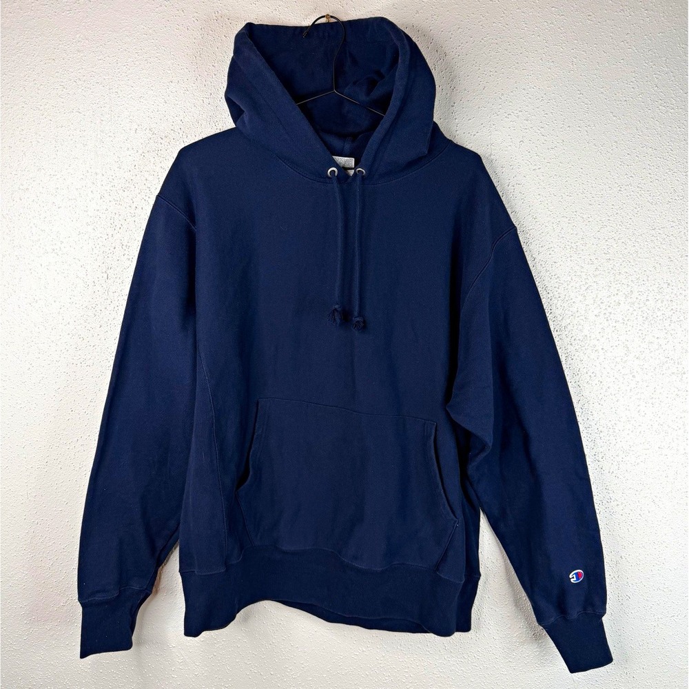 Champion Reverse Weave Men's Blue Fleece Pullover Hoodie Logo Size L
